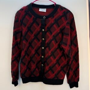 Vintage Alfred Dunner Cardigan | Petite M | Red Black Geo | Gold Snaps USA Made